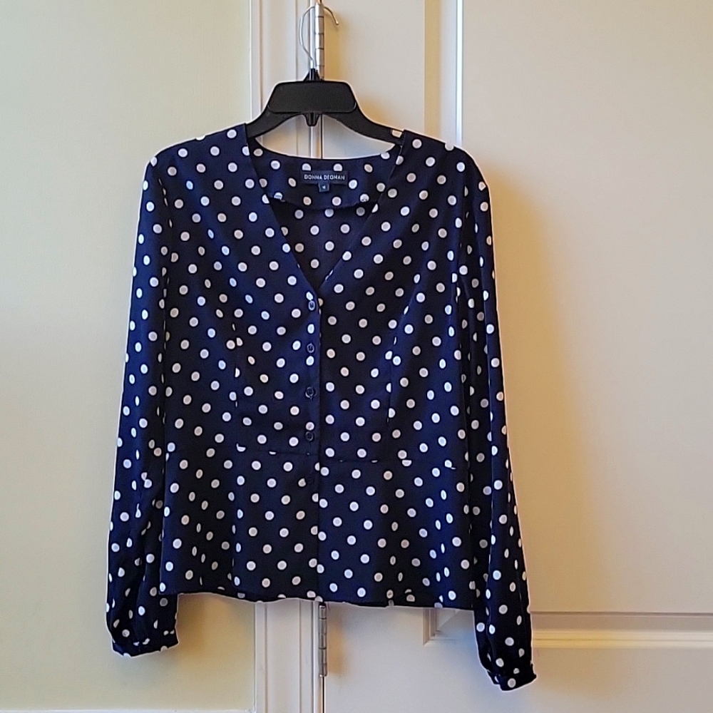 Donna Degnan peplum navy dot blouse size 10